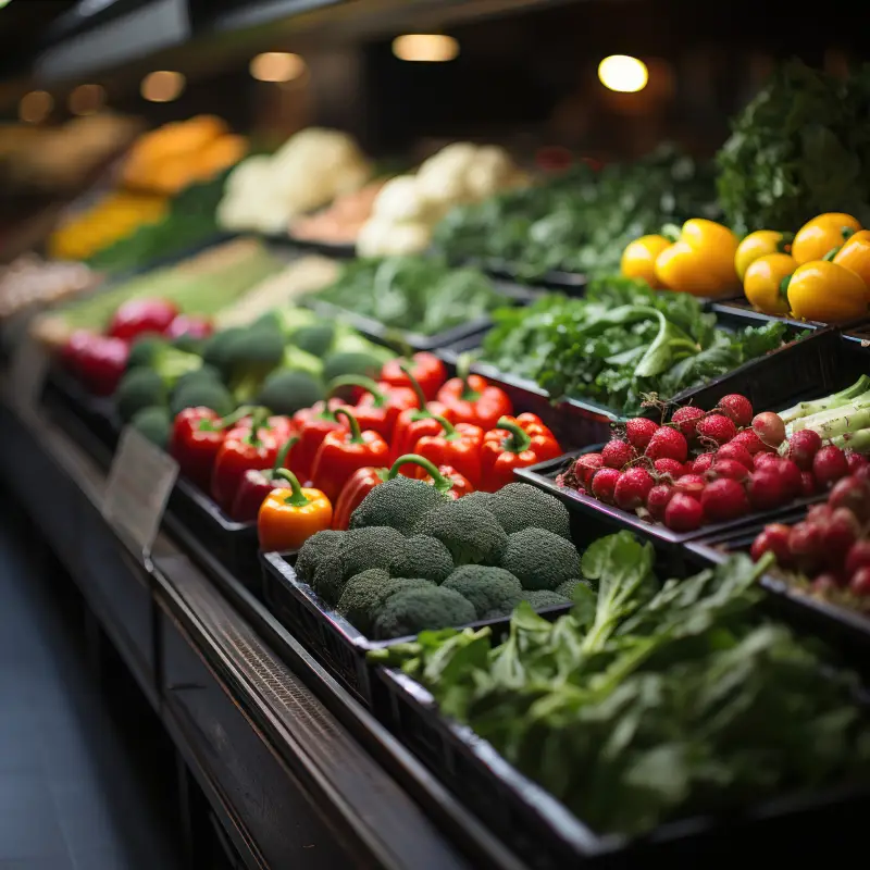 produce-05 webp a variety of fresh vegetables and fruits on the counter of the vegetable department in the store.